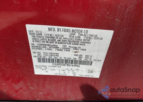 2011 Ford Taurus Sel z USA, uszkodzony, nr VIN 1FAHP2EW7BG164966